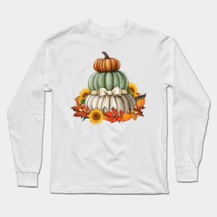 Thanksgiving -Pumpkin Tower,Sunflowers,Autumn Leaves Long Sleeve T-Shirt